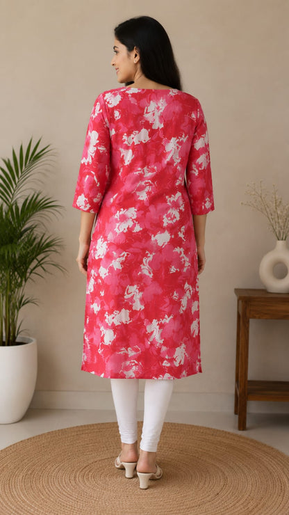 Women's Vibrant Pink Abstract Floral Printed Pure Cotton Straight Kurta (Kurta Single piece)