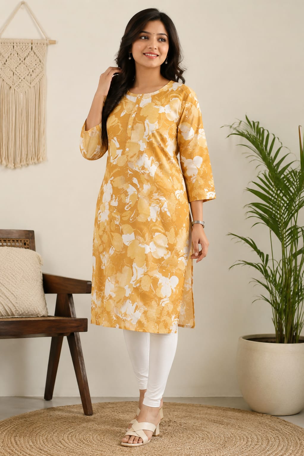 Women's Mustard Yellow Abstract Floral Printed Pure Cotton Straight Kurta (Single piece Kurta)