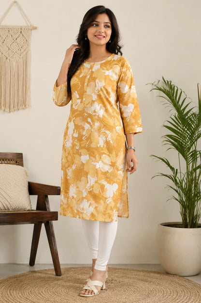 Women's Mustard Yellow Abstract Floral Printed Pure Cotton Straight Kurta (Single piece Kurta)