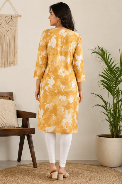 Women's Mustard Yellow Abstract Floral Printed Pure Cotton Straight Kurta (Single piece Kurta)