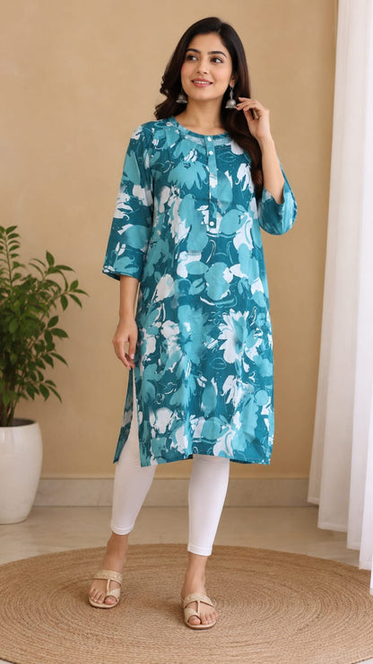 Women's Teal Blue Abstract Floral Printed Pure Cotton Straight Kurta (Single piece Kurta)