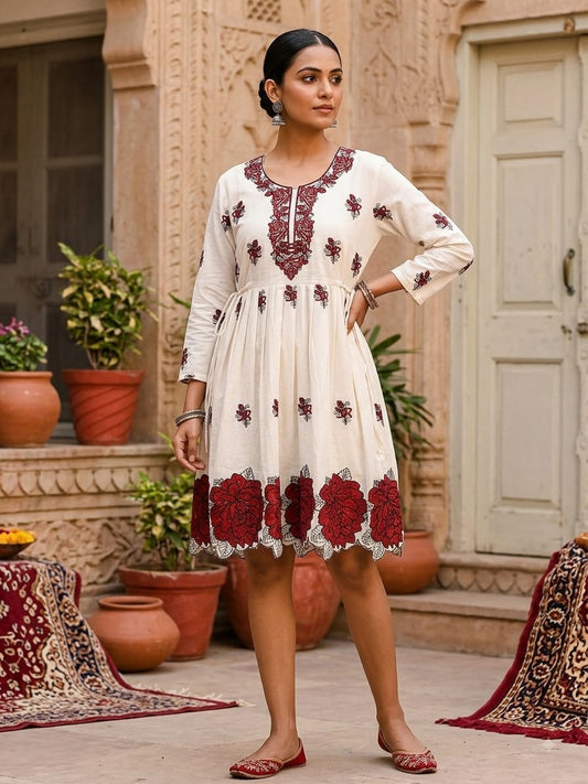 Women's Off-White & Maroon Floral Embroidered Cotton Short Fit-and-Flare Dress (Single piece Dress)