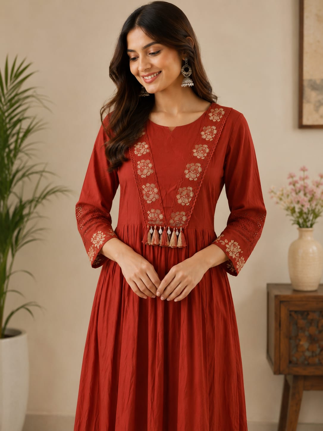 Women's Rust Red Embroidered Anarkali Cotton Long Maxi Dress (Single piece Dress)