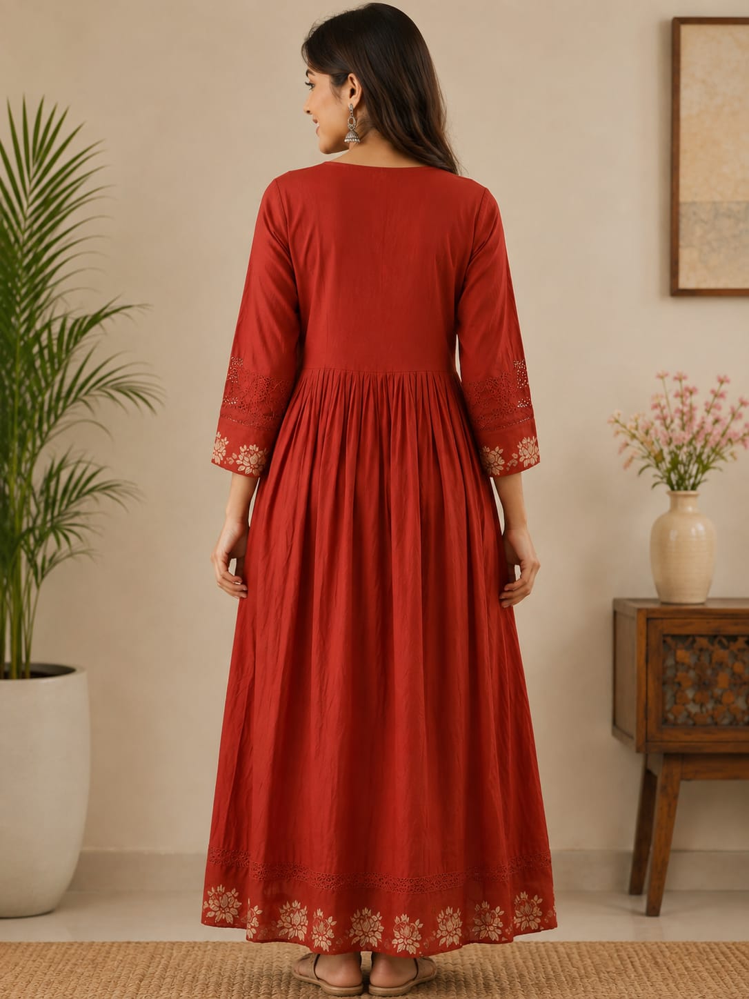 Women's Rust Red Embroidered Anarkali Cotton Long Maxi Dress (Single piece Dress)