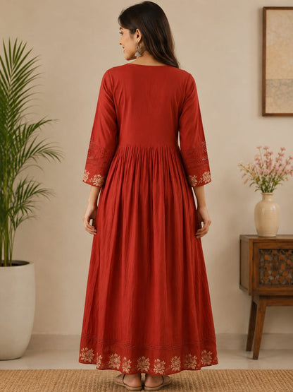 Women's Rust Red Embroidered Anarkali Cotton Long Maxi Dress (Single piece Dress)