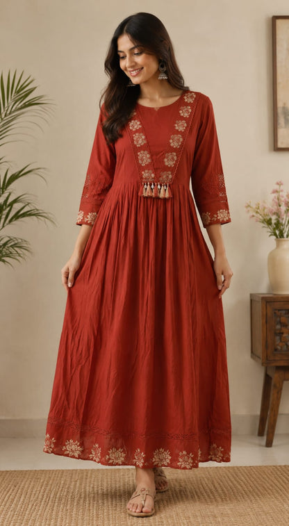 Women's Rust Red Embroidered Anarkali Cotton Long Maxi Dress (Single piece Dress)