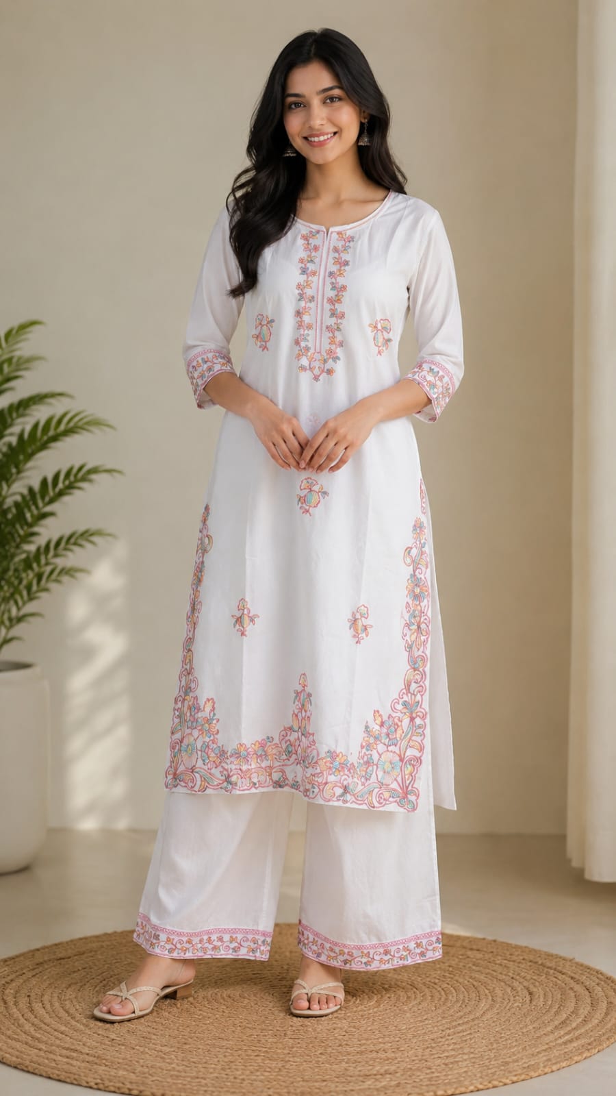 Women's Off-White Floral Embroidered Pure Cotton Kurta with Palazzo Set (2-Piece Set)
