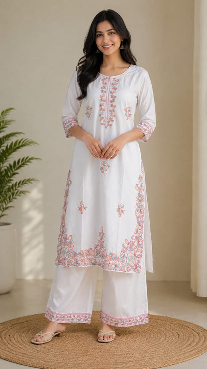 Women's Off-White Floral Embroidered Pure Cotton Kurta with Palazzo Set (2-Piece Set)
