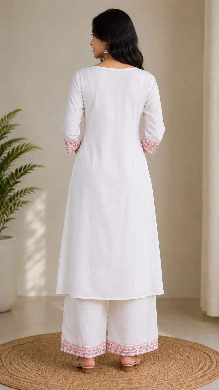 Women's Off-White Floral Embroidered Pure Cotton Kurta with Palazzo Set (2-Piece Set)