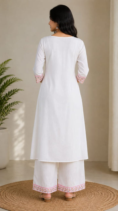 Women's Off-White Floral Embroidered Pure Cotton Kurta with Palazzo Set (2-Piece Set)