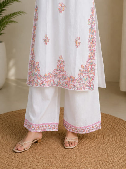 Women's Off-White Floral Embroidered Pure Cotton Kurta with Palazzo Set (2-Piece Set)