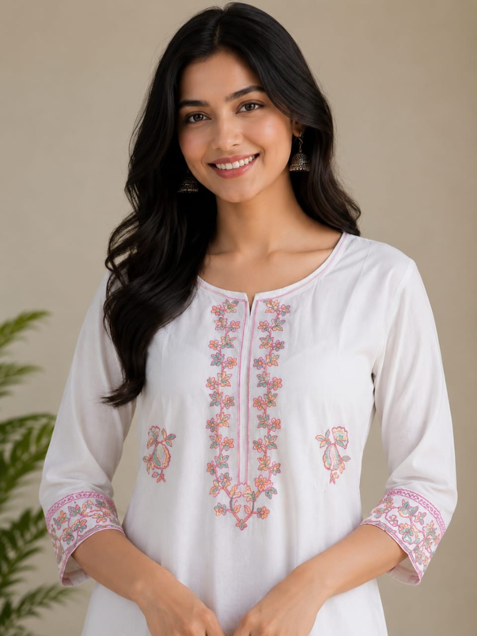 Women's Off-White Floral Embroidered Pure Cotton Kurta with Palazzo Set (2-Piece Set)