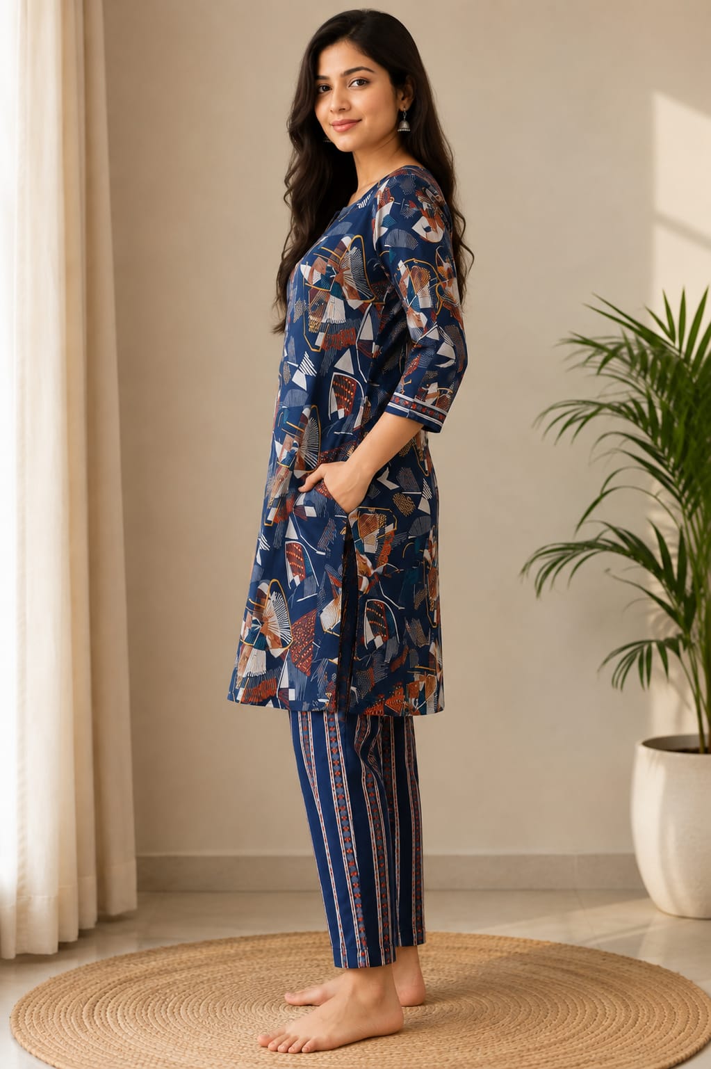 Women's Navy Blue Floral Block Printed Pure Cotton Kurta with Pant Set (2-Piece Set)