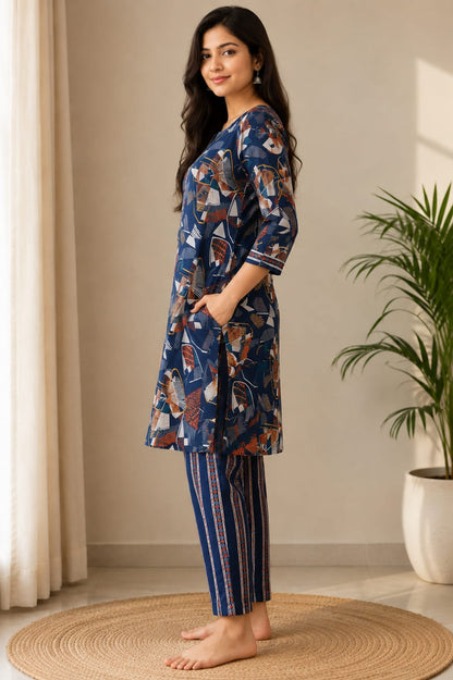 Women's Navy Blue Floral Block Printed Pure Cotton Kurta with Pant Set (2-Piece Set)