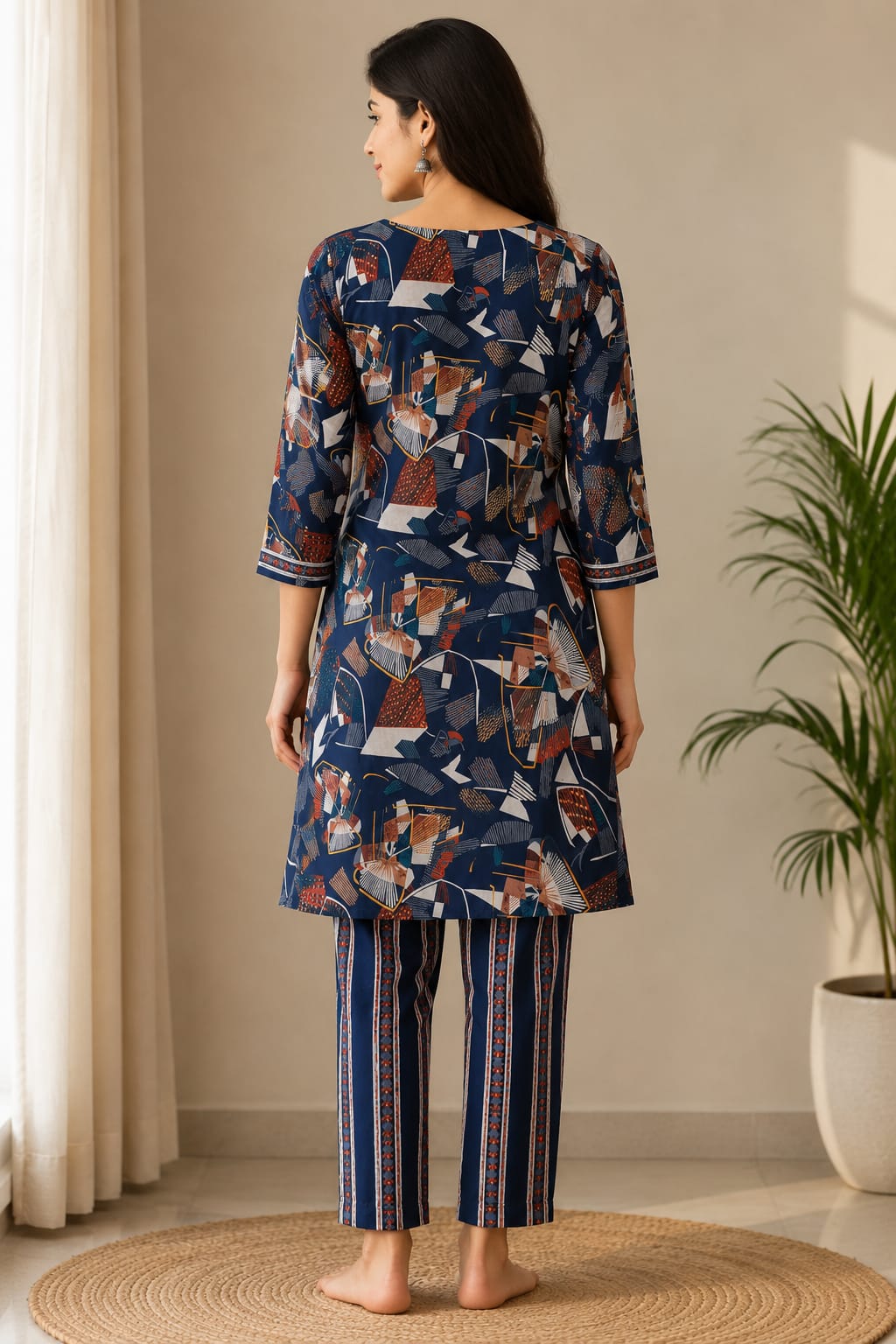 Women's Navy Blue Floral Block Printed Pure Cotton Kurta with Pant Set (2-Piece Set)