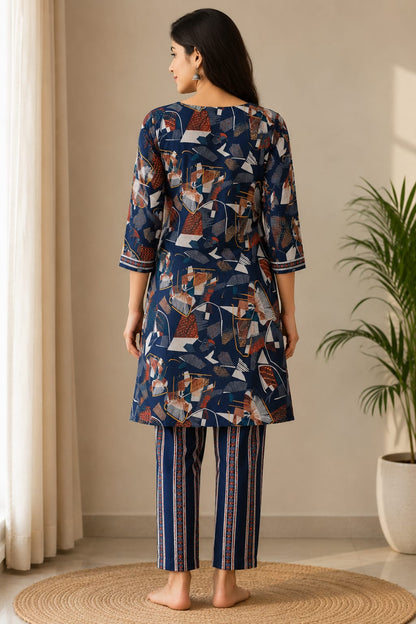 Women's Navy Blue Floral Block Printed Pure Cotton Kurta with Pant Set (2-Piece Set)