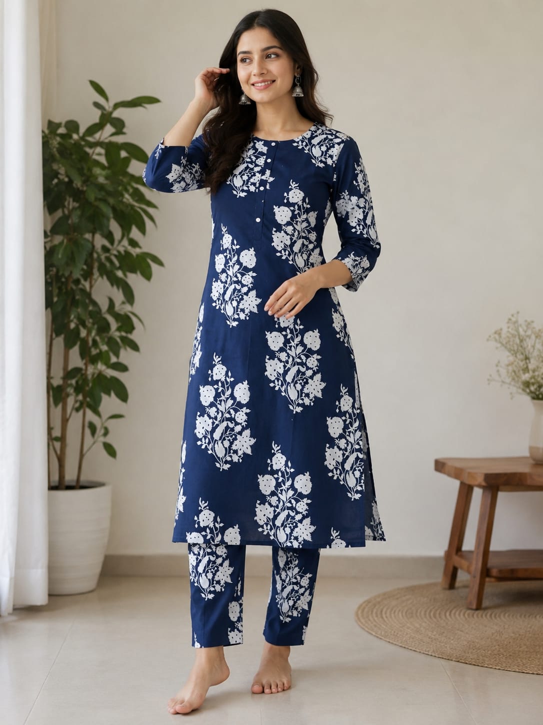 Women's Navy Blue Floral Block Printed Pure Cotton Kurta with Pant Set (2-Piece Set)