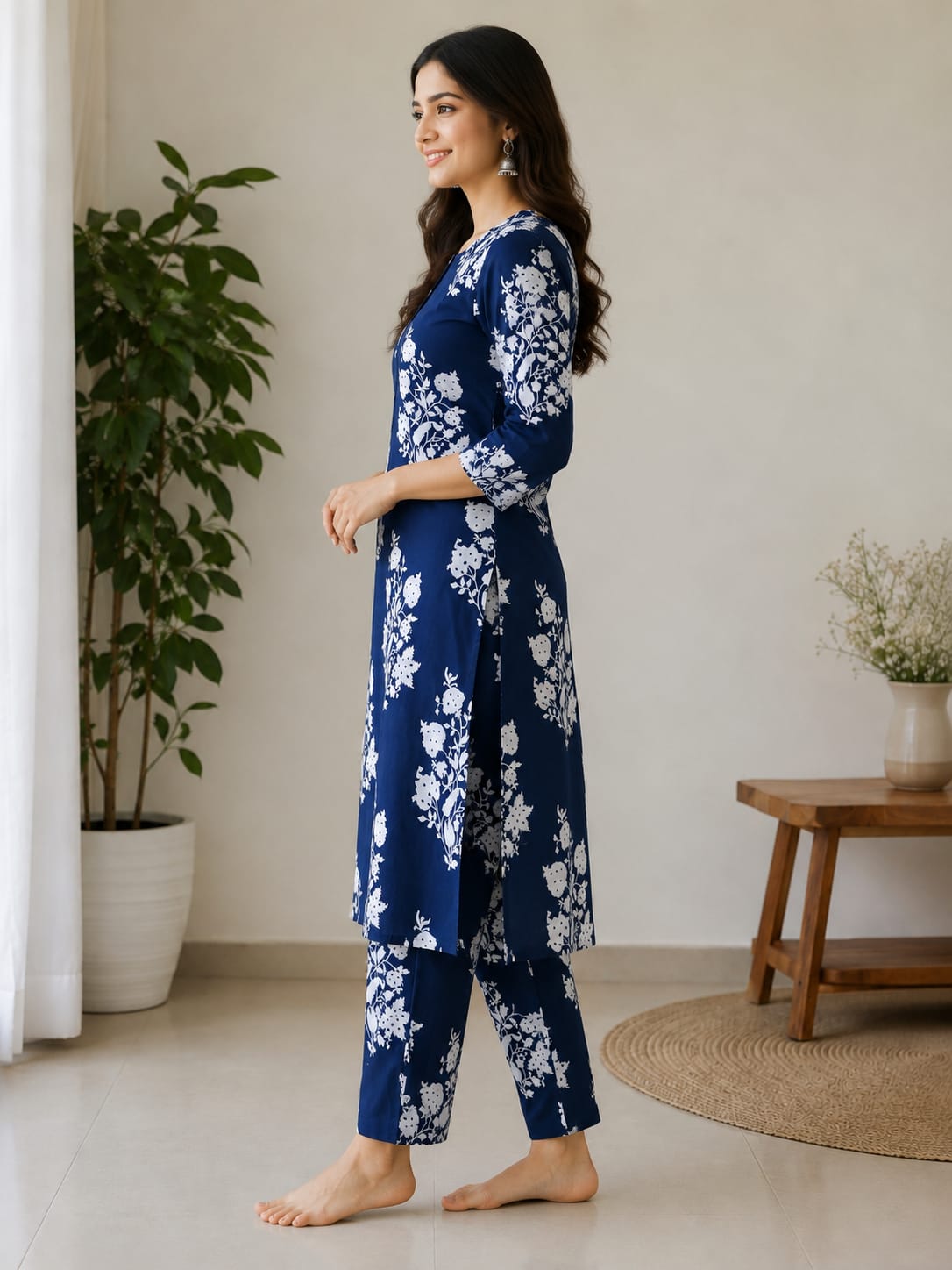 Women's Navy Blue Floral Block Printed Pure Cotton Kurta with Pant Set (2-Piece Set)