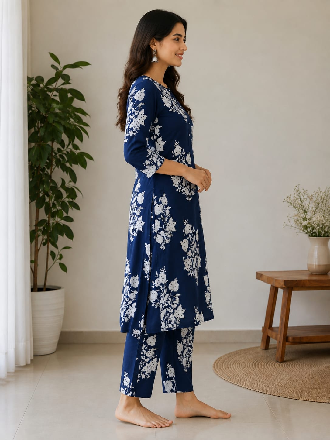 Women's Navy Blue Floral Block Printed Pure Cotton Kurta with Pant Set (2-Piece Set)