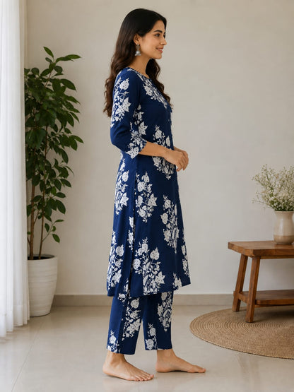 Women's Navy Blue Floral Block Printed Pure Cotton Kurta with Pant Set (2-Piece Set)
