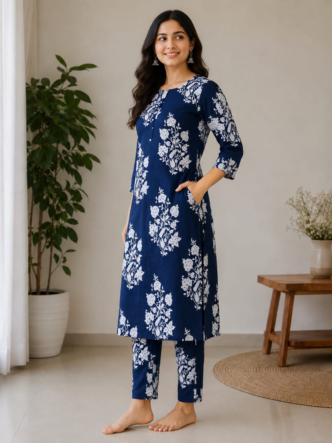 Women's Navy Blue Floral Block Printed Pure Cotton Kurta with Pant Set (2-Piece Set)