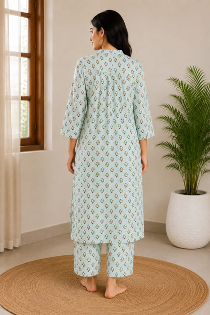 Women's Sea Green Printed Pure Cotton Kurta with Pant Set (2-Piece Set)