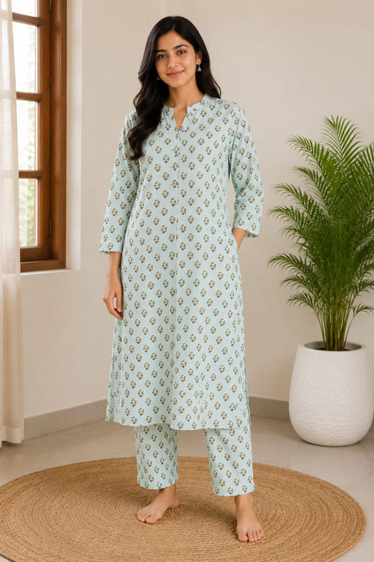 Women's Sea Green Printed Pure Cotton Kurta with Pant Set (2-Piece Set)