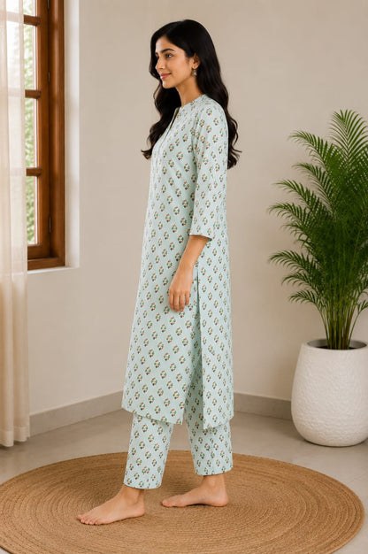 Women's Sea Green Printed Pure Cotton Kurta with Pant Set (2-Piece Set)
