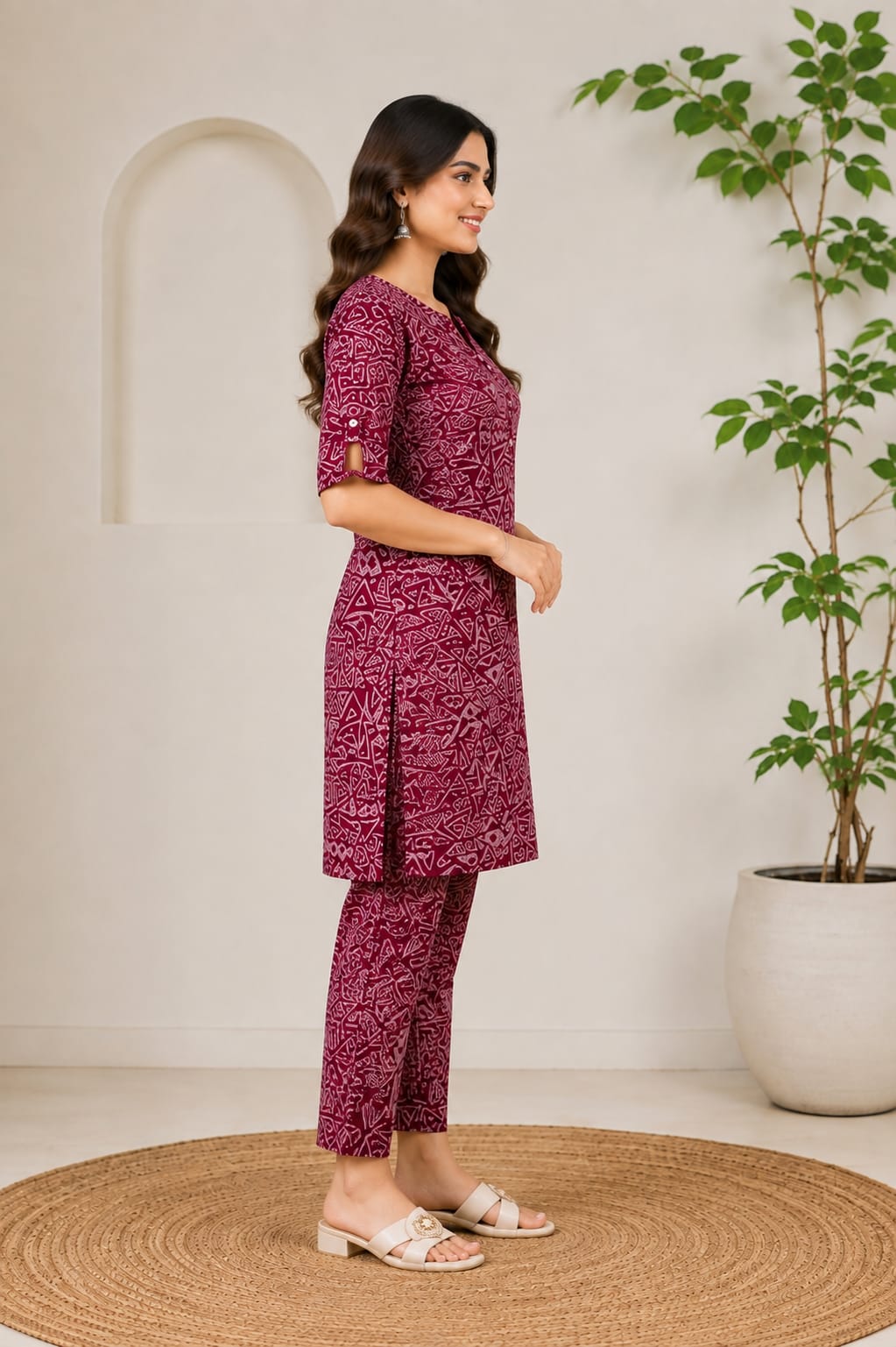 Women's Magenta Geometric Printed Pure Cotton Short Kurta with Pant Set (2-Piece Set)