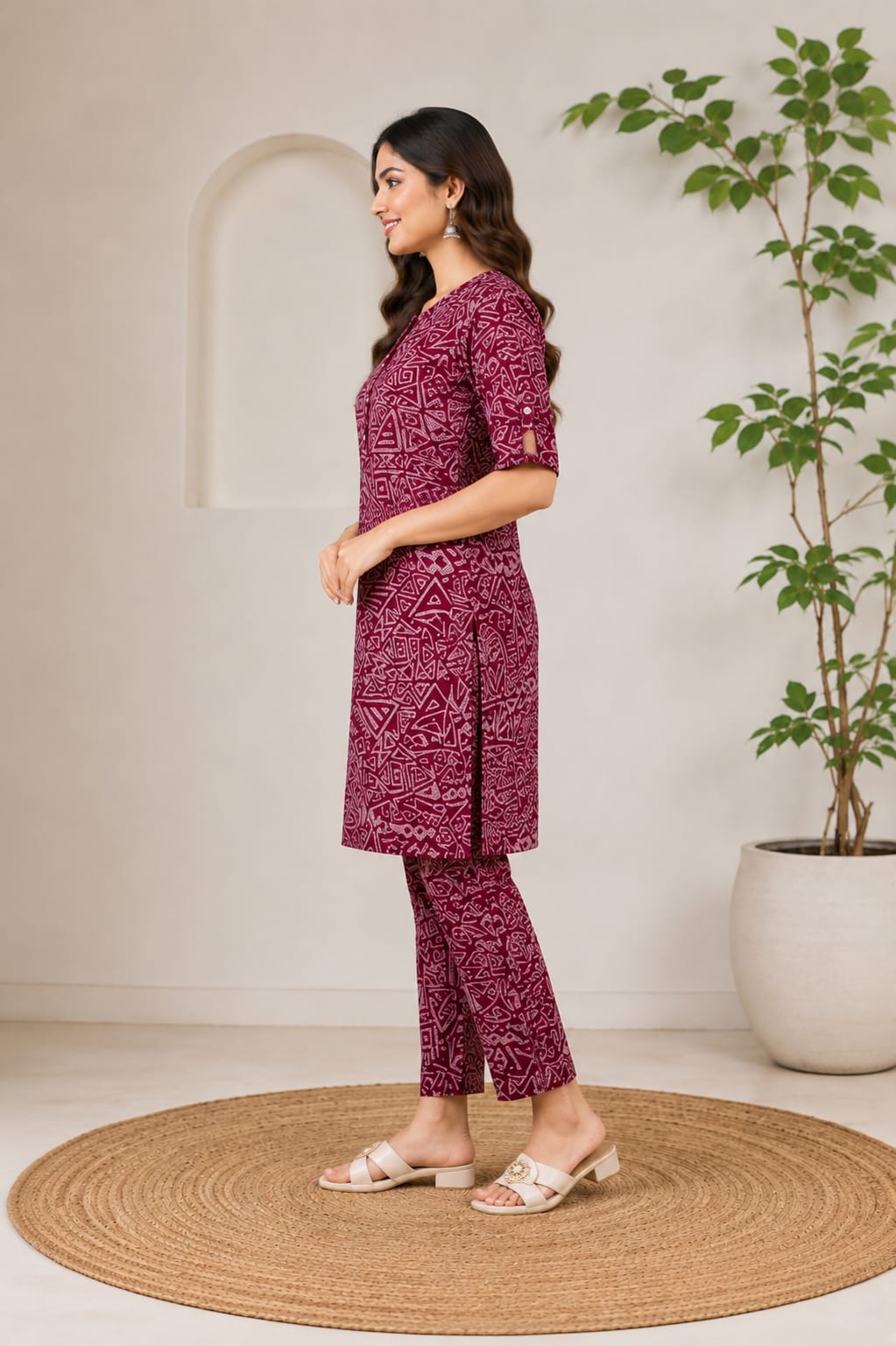 Women's Magenta Geometric Printed Pure Cotton Short Kurta with Pant Set (2-Piece Set)
