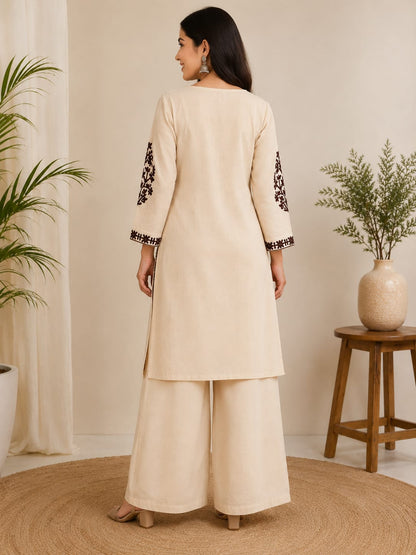 Women's Cream & Dark Brown Kashida Embroidered Pure Cotton Kurta with Palazzo Set (2-Piece Set)