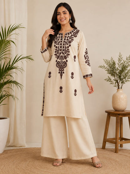 Women's Cream & Dark Brown Kashida Embroidered Pure Cotton Kurta with Palazzo Set (2-Piece Set)