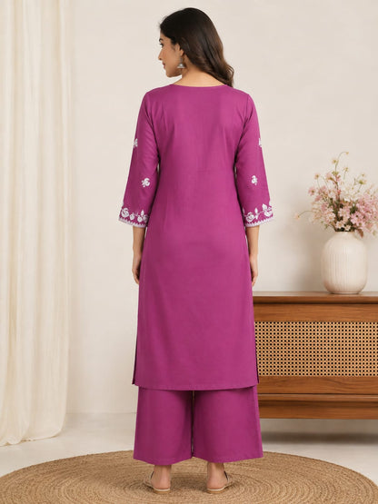 Women's Magenta Purple Floral (pink) Embroidered Pure Cotton Kurta with Palazzo Set (2-Piece Set)