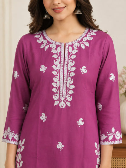 Women's Magenta Purple Floral (pink) Embroidered Pure Cotton Kurta with Palazzo Set (2-Piece Set)