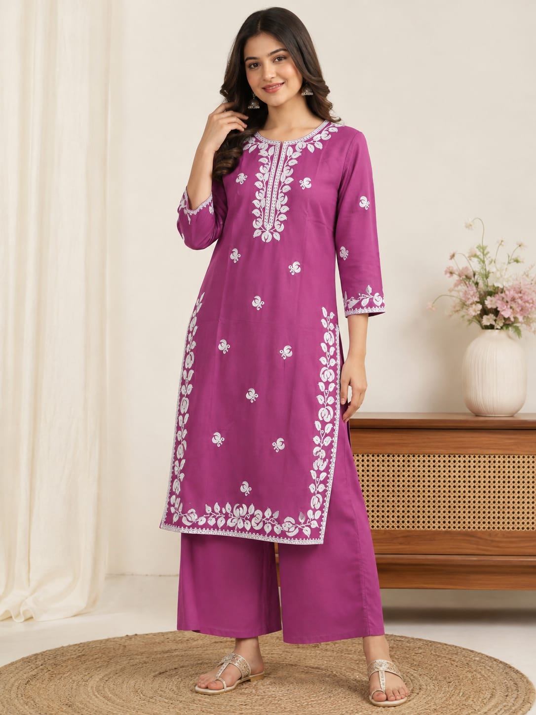 Women's Magenta Purple Floral (pink) Embroidered Pure Cotton Kurta with Palazzo Set (2-Piece Set)