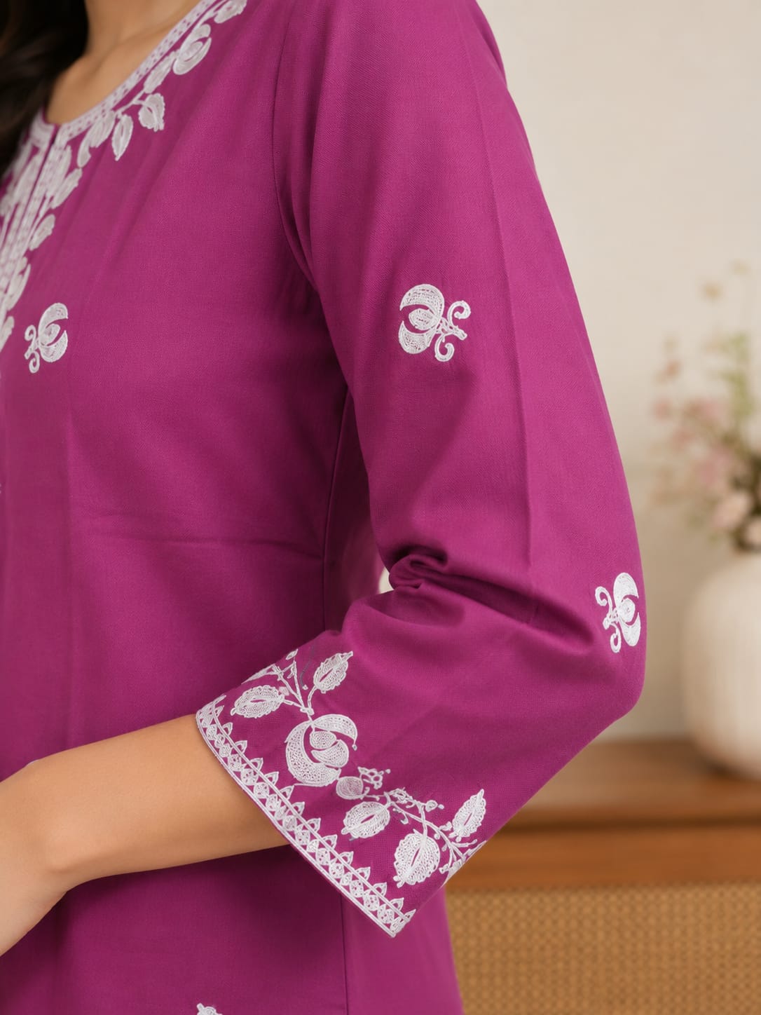 Women's Magenta Purple Floral (pink) Embroidered Pure Cotton Kurta with Palazzo Set (2-Piece Set)
