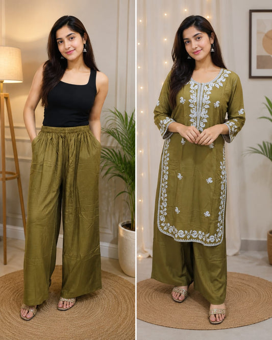Women's Olive Green Floral Embroidered Pure Cotton Kurta with Wide-Leg Palazzo Set (2-Piece Set)