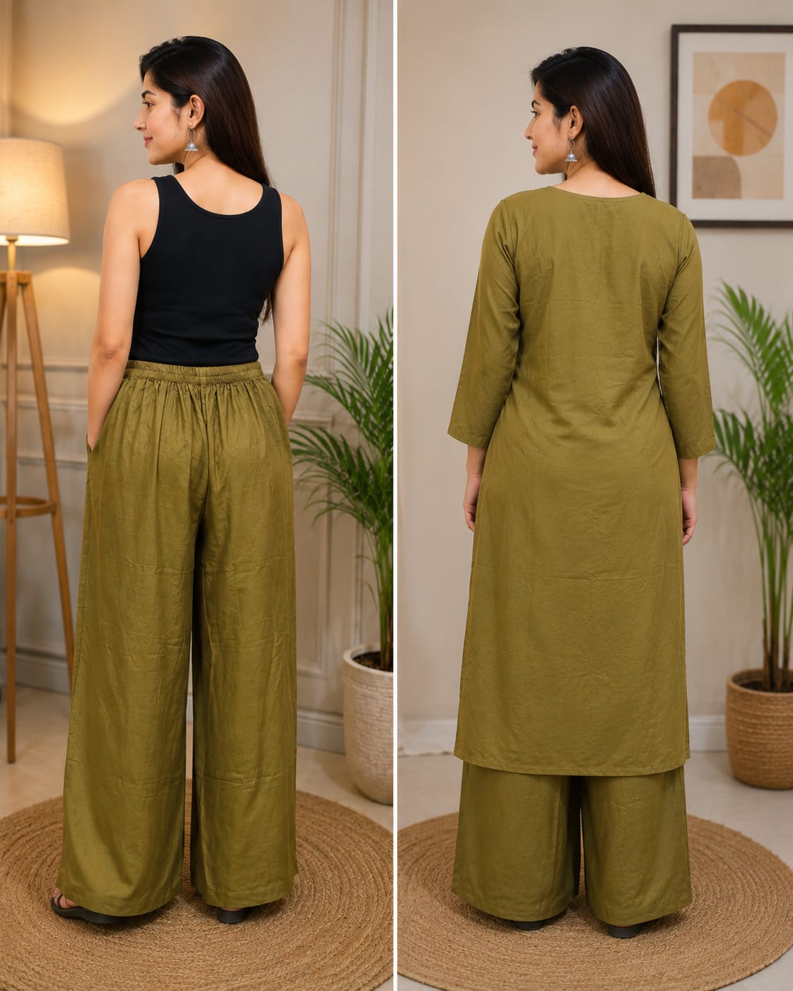 Women's Olive Green Floral Embroidered Pure Cotton Kurta with Wide-Leg Palazzo Set (2-Piece Set)
