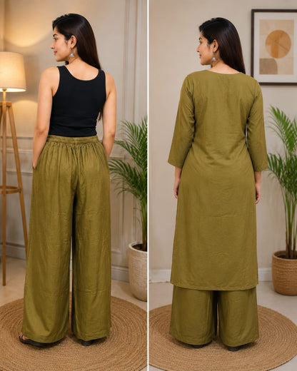 Women's Olive Green Floral Embroidered Pure Cotton Kurta with Wide-Leg Palazzo Set (2-Piece Set)