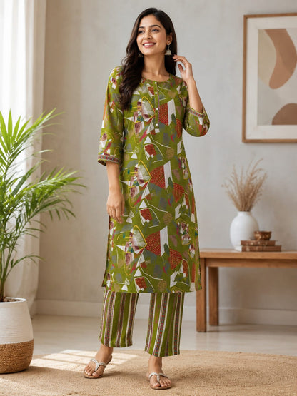 Women's Olive Green Abstract Geometric Printed Pure Cotton Kurta with Pant Set (2-Piece Set)