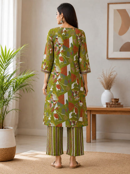 Women's Olive Green Abstract Geometric Printed Pure Cotton Kurta with Pant Set (2-Piece Set)