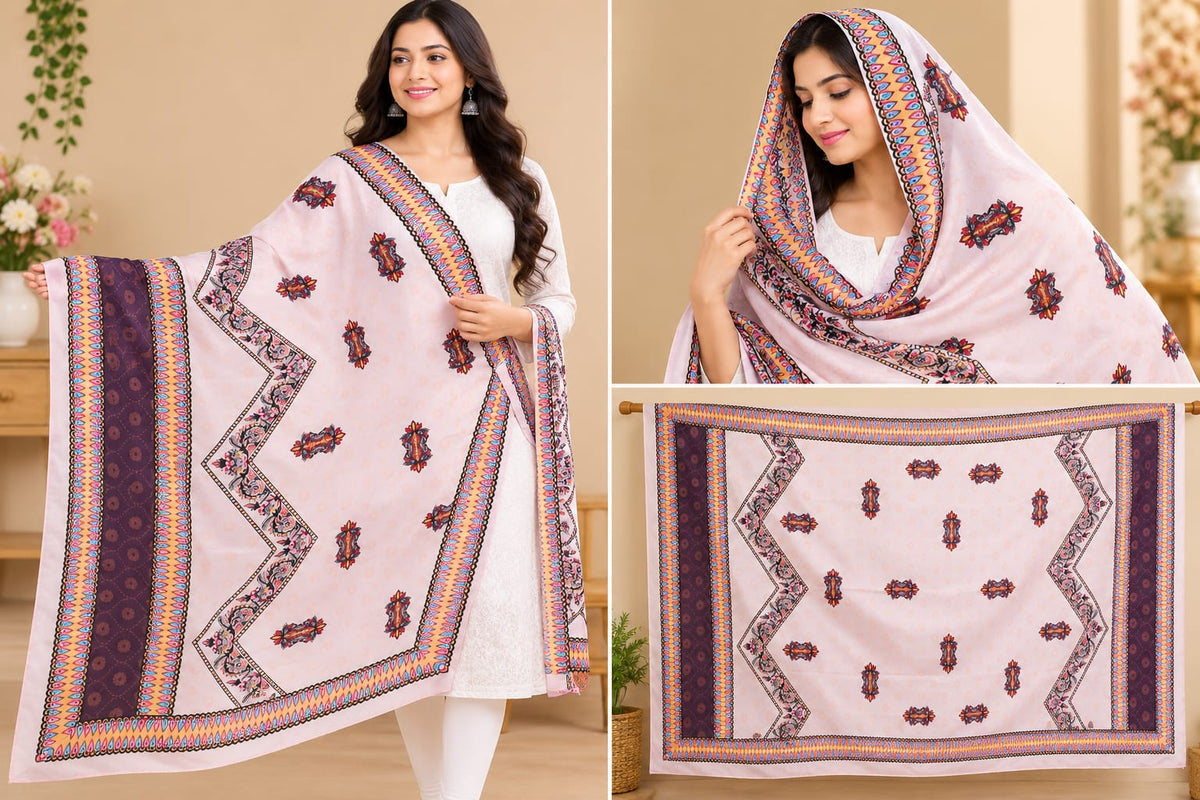 Elegant lite peeche Poly-Cotton Printed Dupatta with Ethnic Border Detail Peach  Color