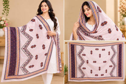 Elegant lite peeche Poly-Cotton Printed Dupatta with Ethnic Border Detail Peach  Color