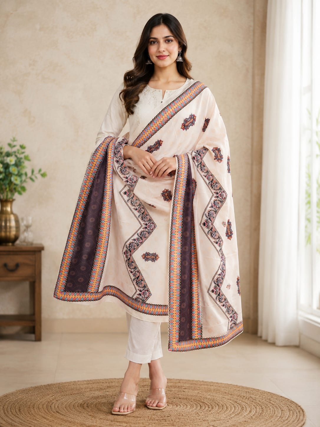 Elegant lite peeche Poly-Cotton Printed Dupatta with Ethnic Border Detail Peach  Color