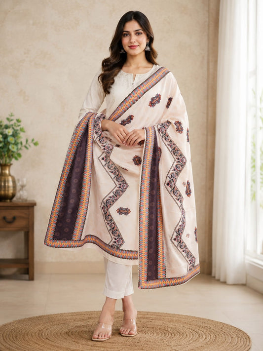 Elegant lite peeche Poly-Cotton Printed Dupatta with Ethnic Border Detail Peach  Color