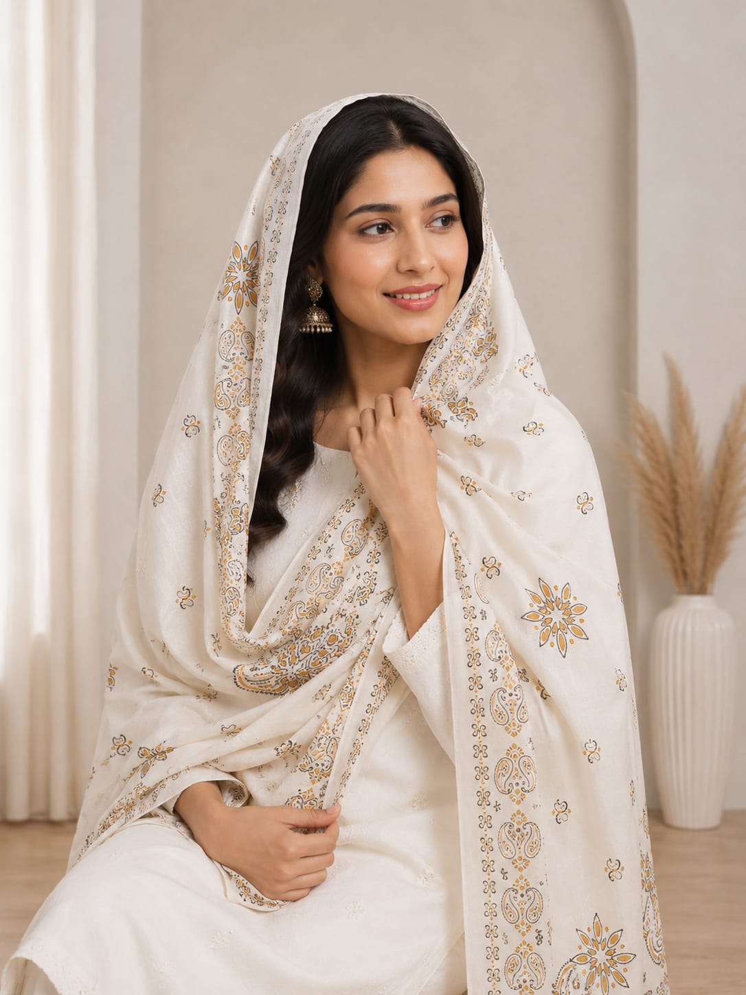 Elegant Off-White Poly-Cotton Floral Print Dupatta with Ethnic Border