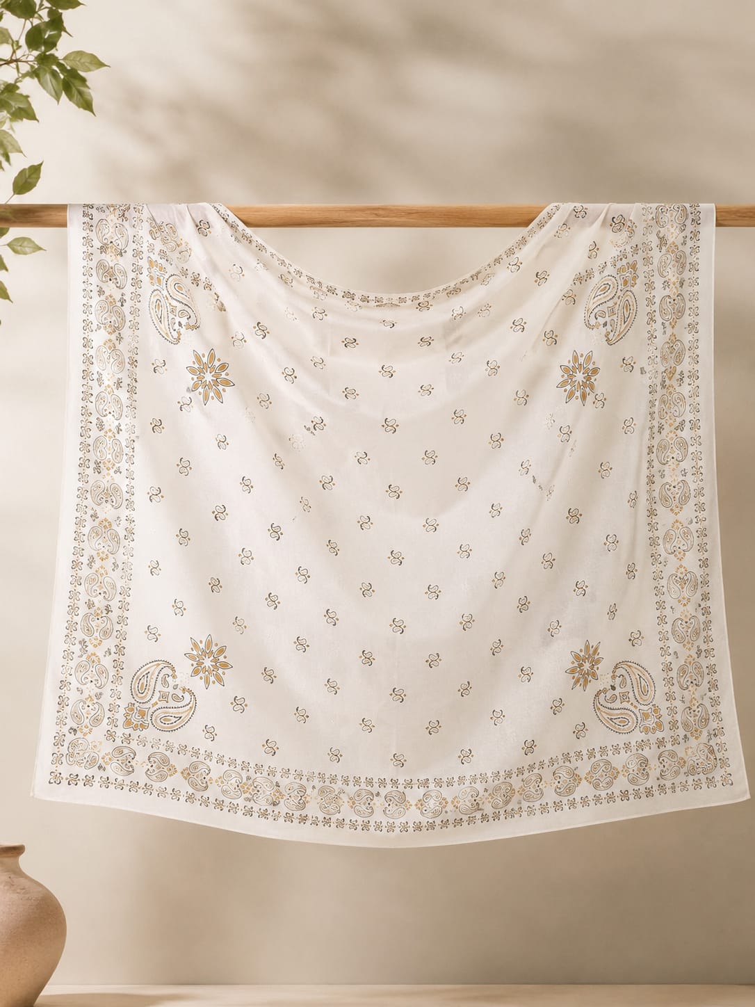 Elegant Off-White Poly-Cotton Floral Print Dupatta with Ethnic Border