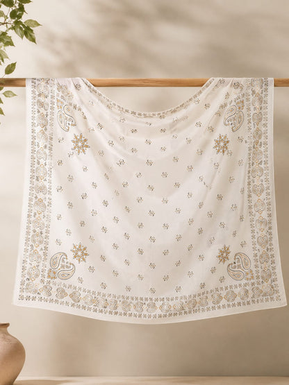 Elegant Off-White Poly-Cotton Floral Print Dupatta with Ethnic Border