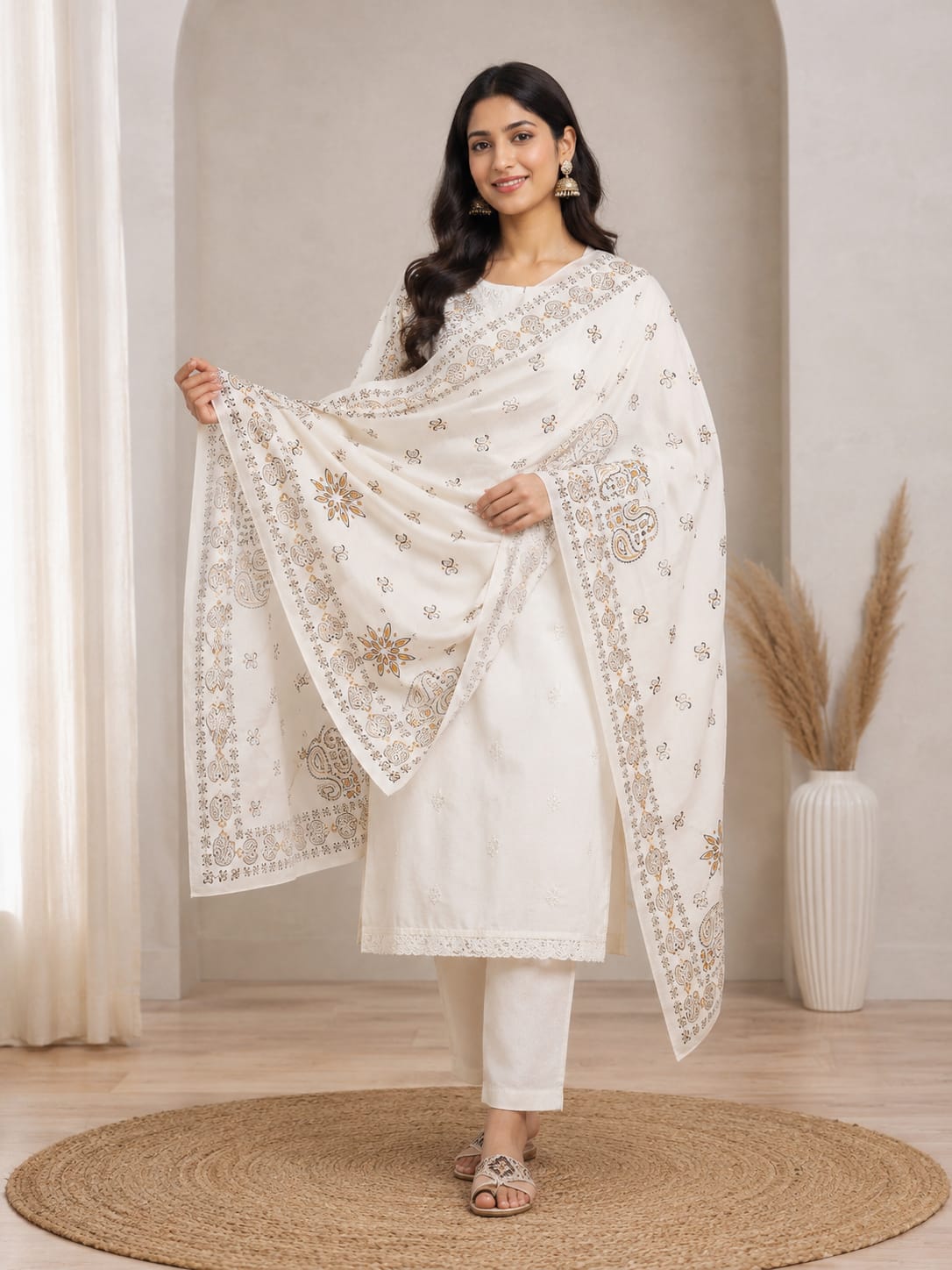 Elegant Off-White Poly-Cotton Floral Print Dupatta with Ethnic Border