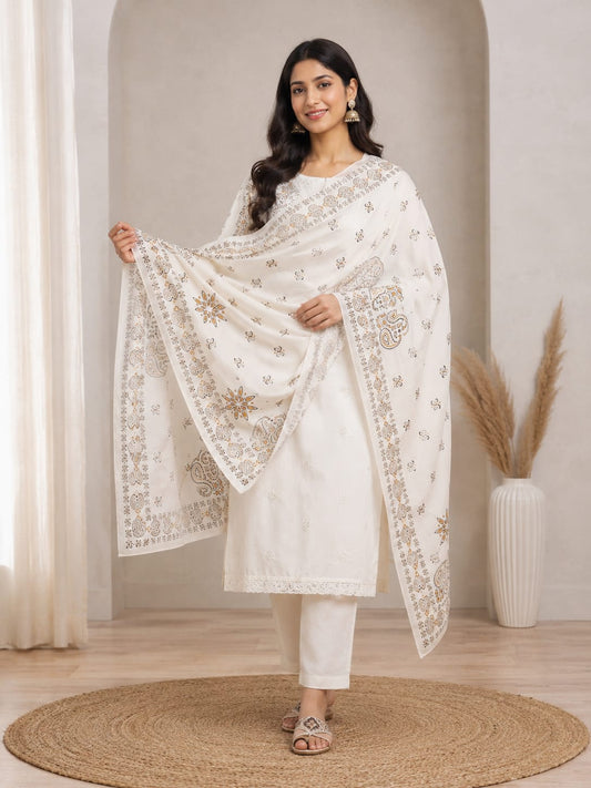 Elegant Off-White Poly-Cotton Floral Print Dupatta with Ethnic Border